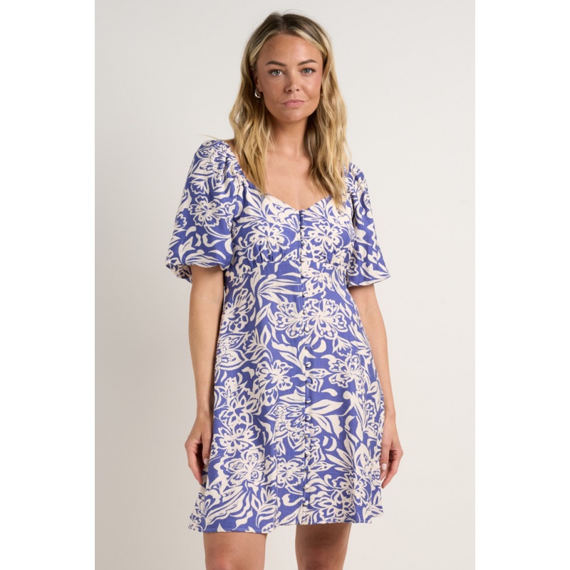 Wholehearted Blue Shadow Floral SS Sweetheart Button Front Mini Dress