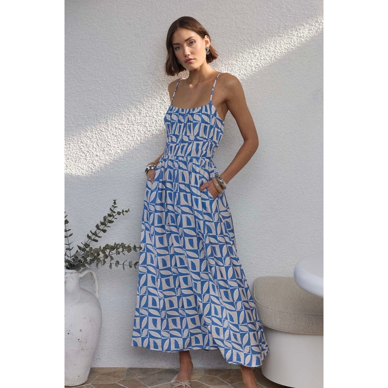 Alto Blue Geo Strappy Midi Sundress