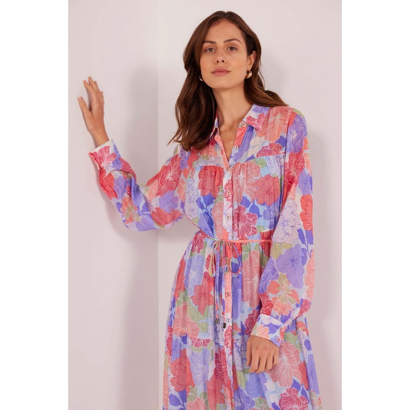 Belle Blue Spring Blooms Button Down Midi Dress