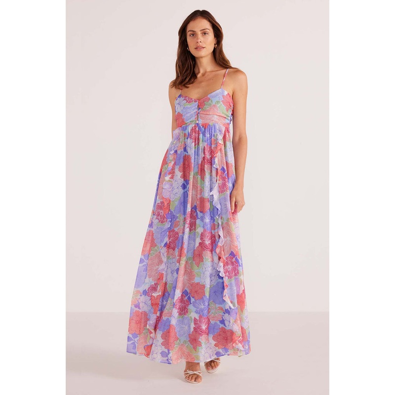 Belle Blue Spring Blooms Ruffle Maxi Dress