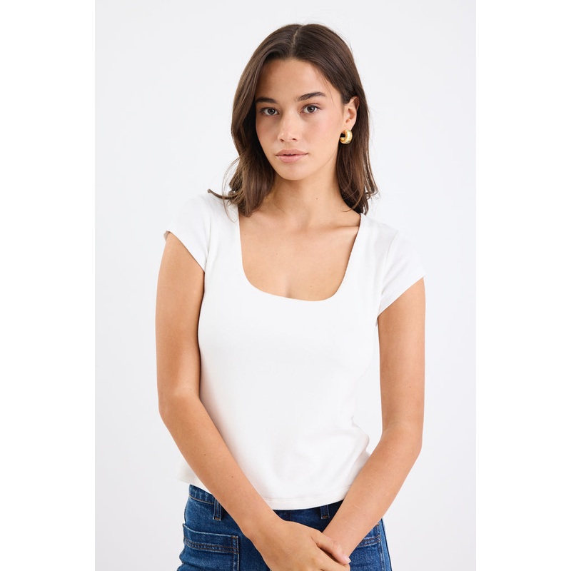 Definitive Ivory Cap Short Sleeve Square Neck Stretch Top