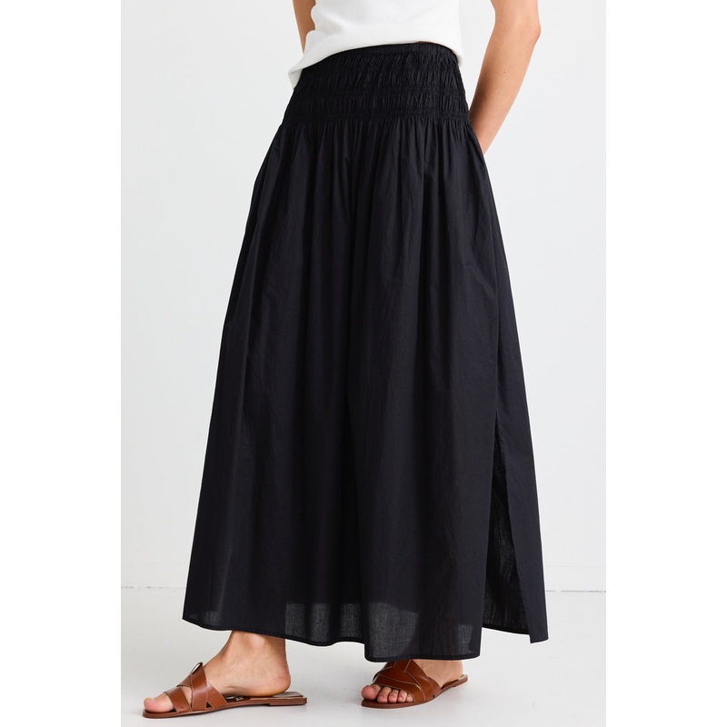 Finch Black Cotton Shirred Waist Maxi Skirt