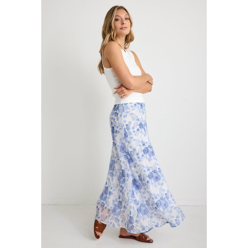 Haven Blue Floral Bias Cut Floaty Maxi Skirt