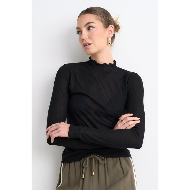 Asher Black LS Lettuce Edge Knit Top