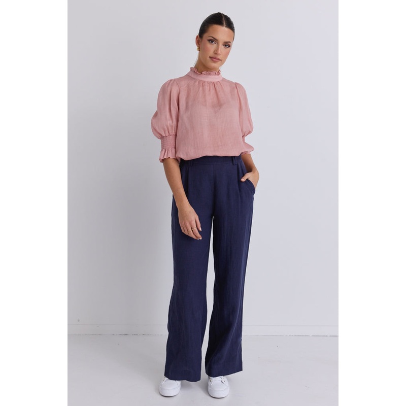Bestow Navy Linen Elastic Back Wide Leg Pants