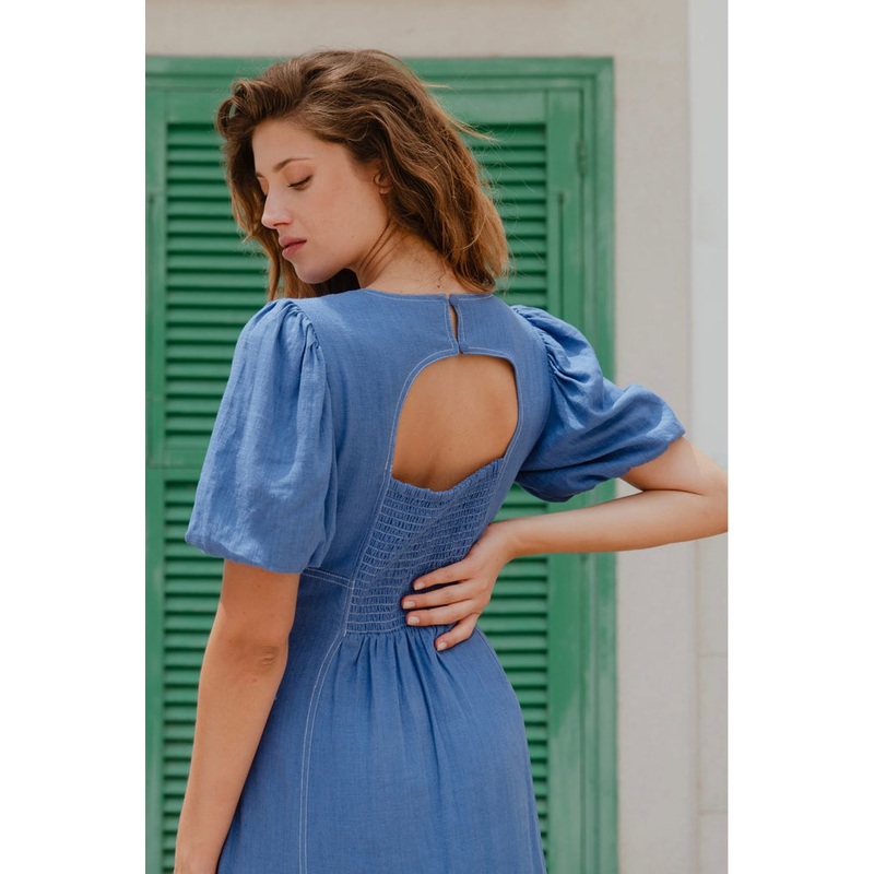 State Lake Blue Linen Blend SS Midi Dress