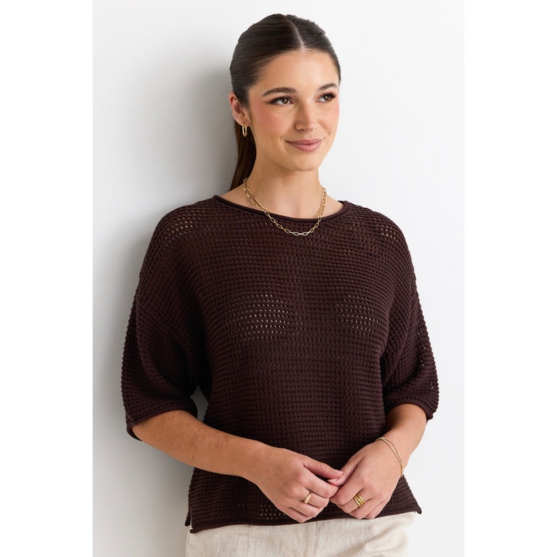 Sunrise Chocolate SS Crochet Knit Top