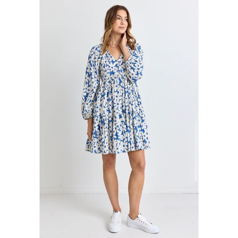 Airy Blue FlowerLS V Neck Mini Dress