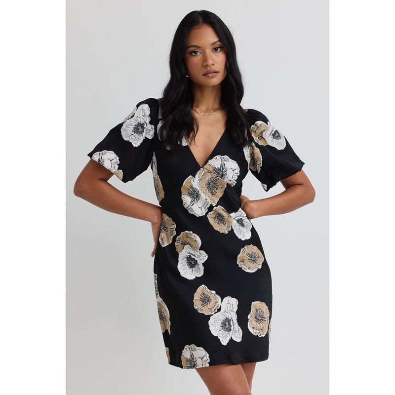 Amour Black Floral Satin Bubble Sleeve Mini Dress
