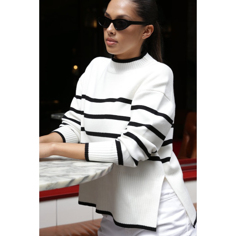 Ardent White Stripe Funnel Neck Jumper