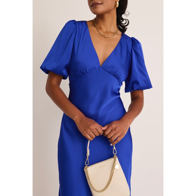 Aura Electric Blue Puff Sleeve Bias Maxi Dress