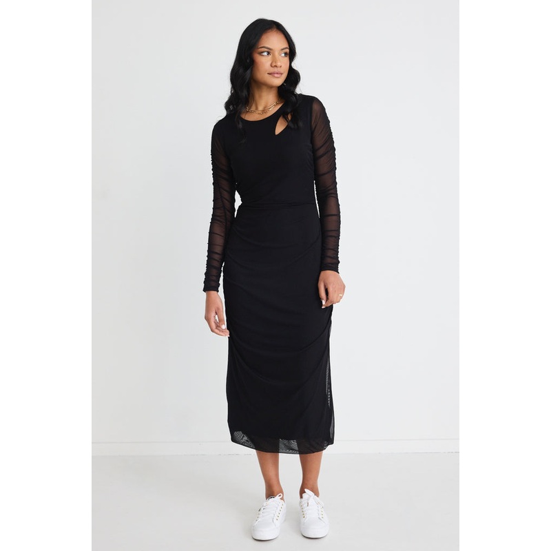 Between Black Mesh LS Slash Neck Maxi Dress