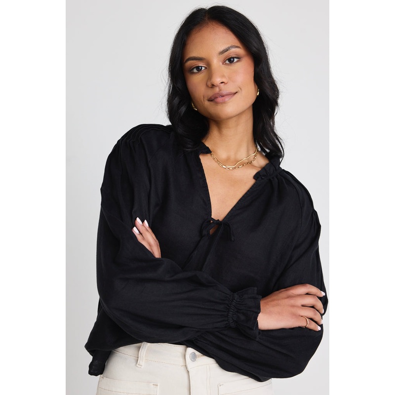 Birch Black Linen Pintuck Shoulder Tie Neck Top