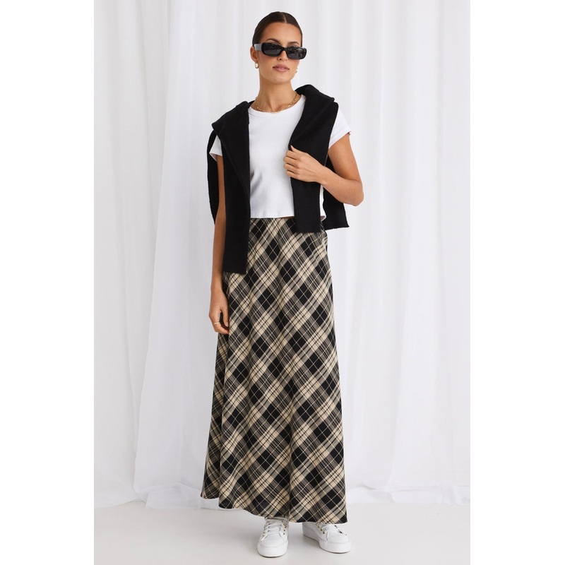 Breathe Black Check Bias Maxi Skirt