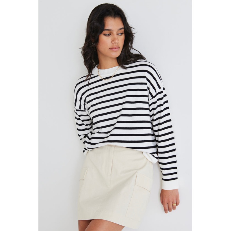 Clear Breton White Black Stripe Crew Neck Jumper