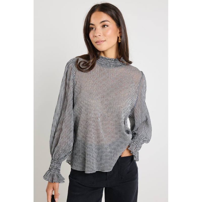 Emphatic Black Gingham Shirred Neck Ls Top