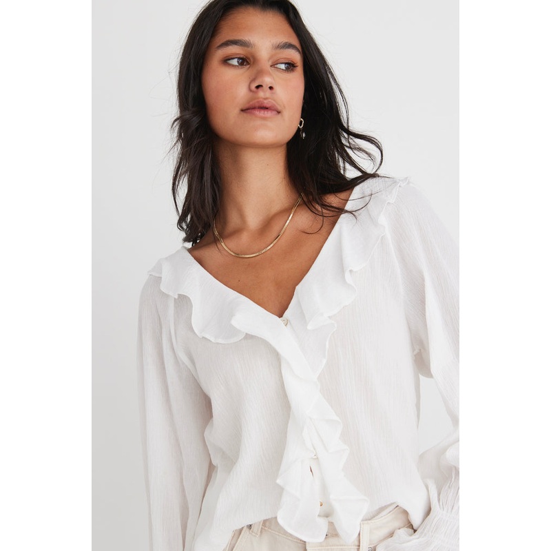 Euphoria Ivory Cotton Crinkle LS Neck Frill Button Blouse
