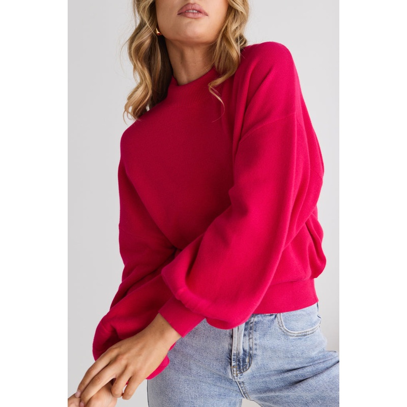 Motivation Raspberry Funnel Neck Fine Knit Jumper