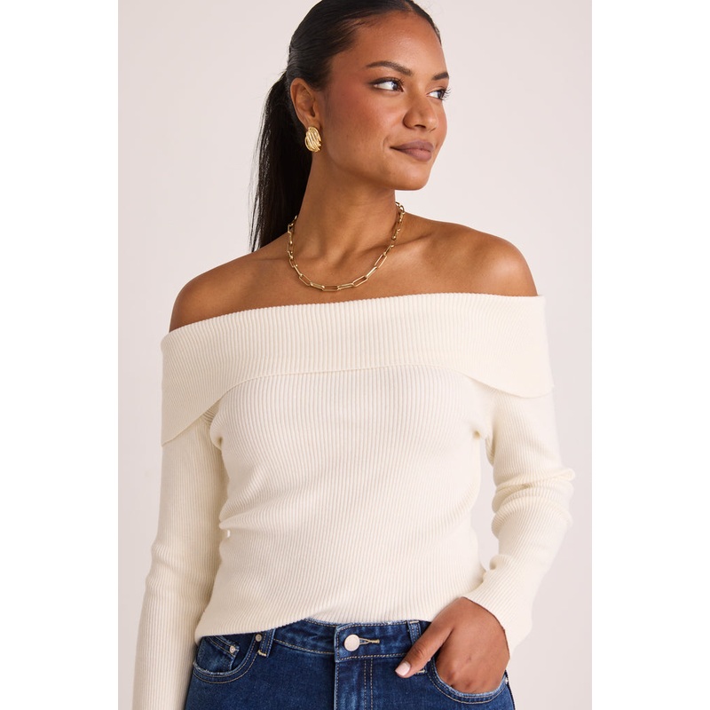 Sasha Winter White LS Off Shoulder Rib Knit Top