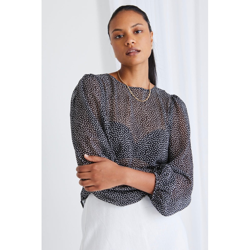 Selena Black Spot Georgette Puff Sleeve LS Top