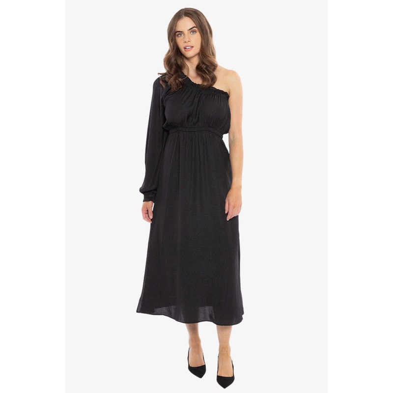 Streamlined Black Self Spot One Sleeve Midi Dress