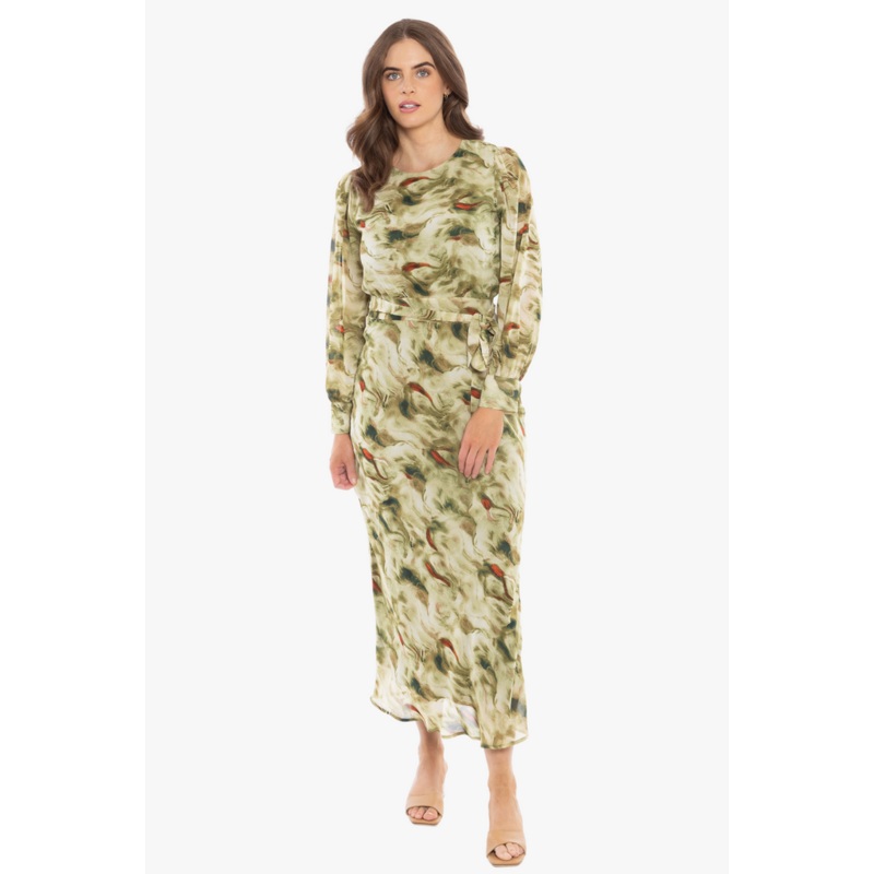 Whimsical Khaki Smudge LS Midi Dress