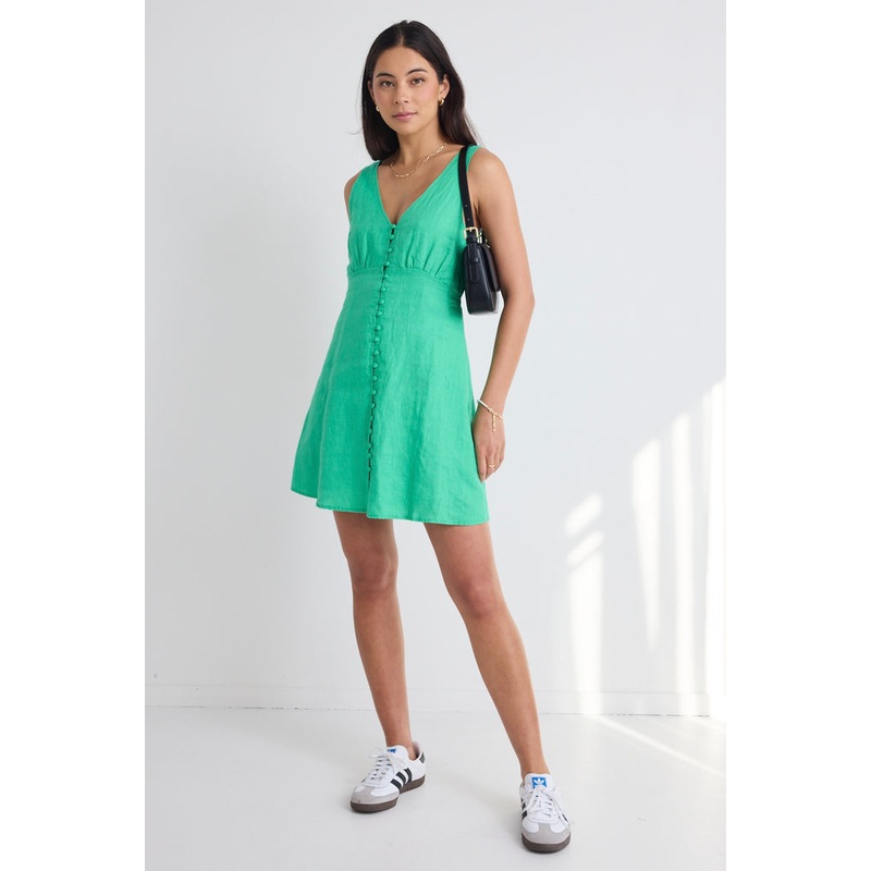 Allora Meadow Green Linen Sleeveless Button Front Mini Dress