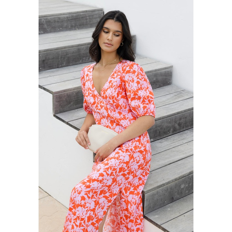 Amora Pink Floral Shadows SS Bias Midi Dress