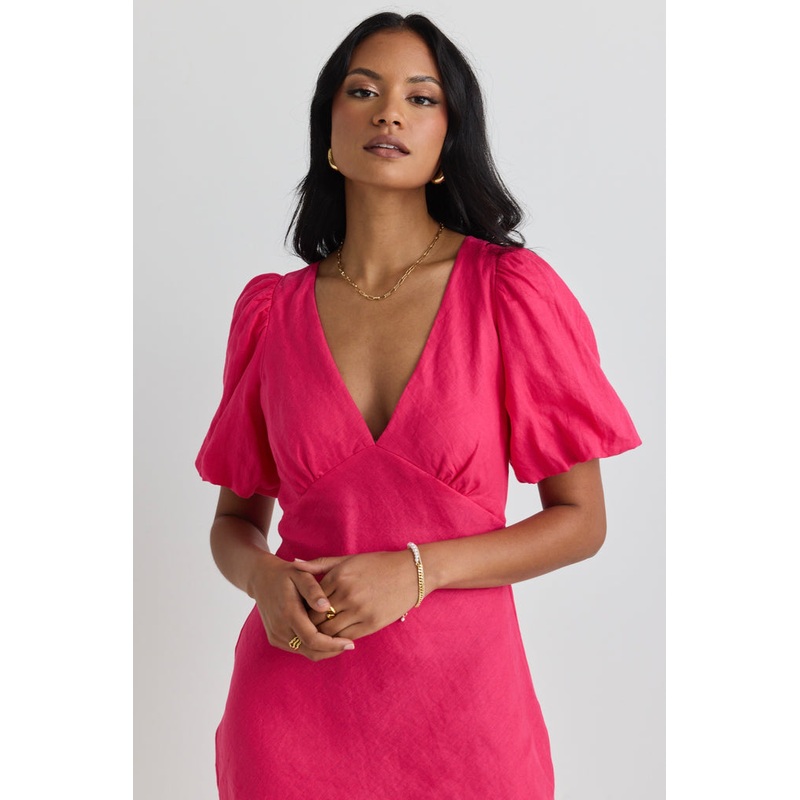 Amour Hot Pink Linen Bubble Sleeve Mini Dress