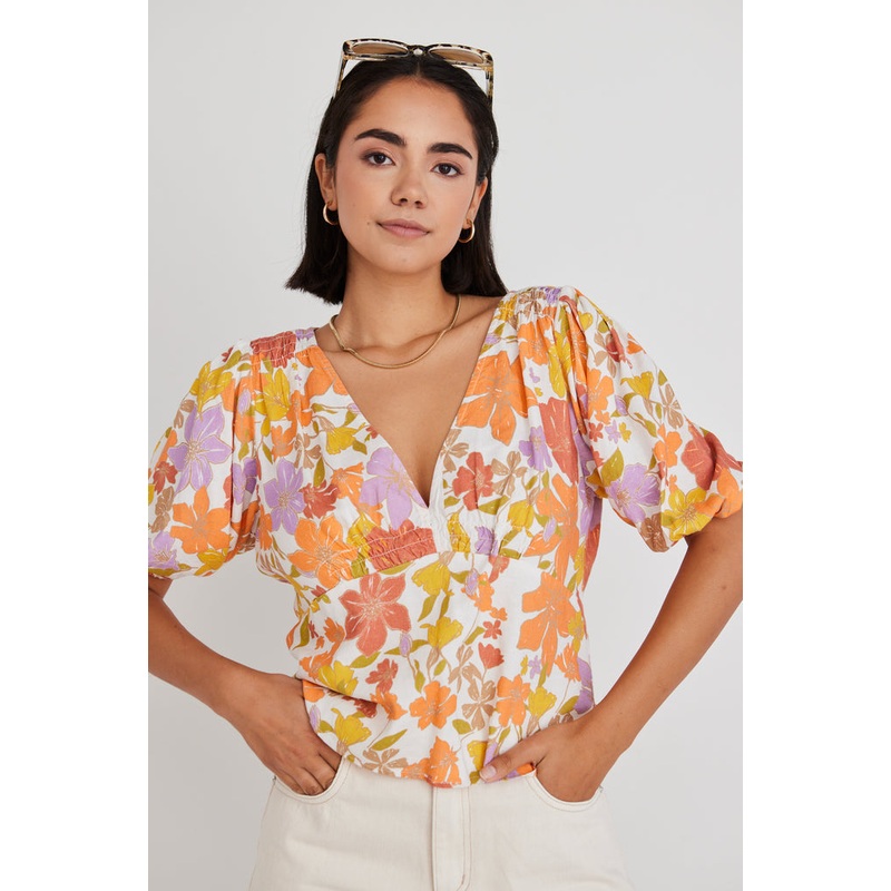 Believer Fruity Floral SS V Neck Top