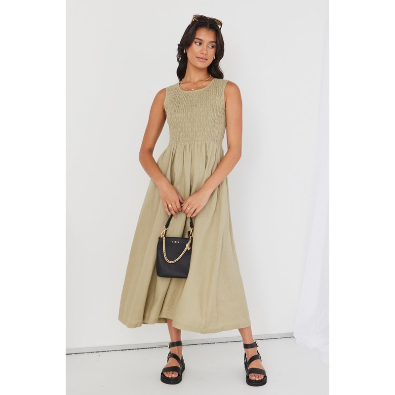 Bryar Light Khaki Linen Sleeveless Shirred Bodice Midi Dress