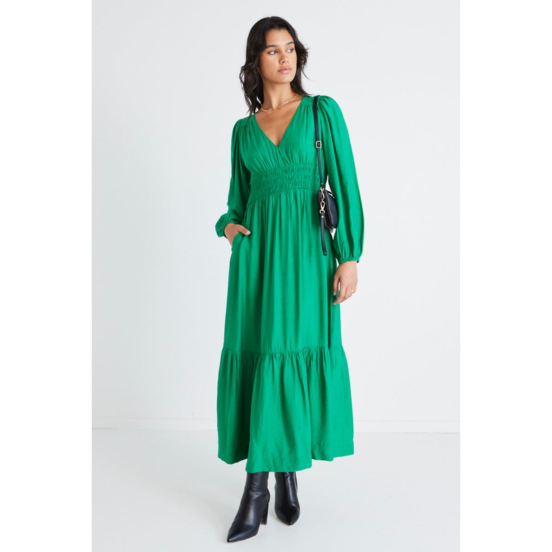 Spark Palm Green Textured LS Deep V Midi Dress