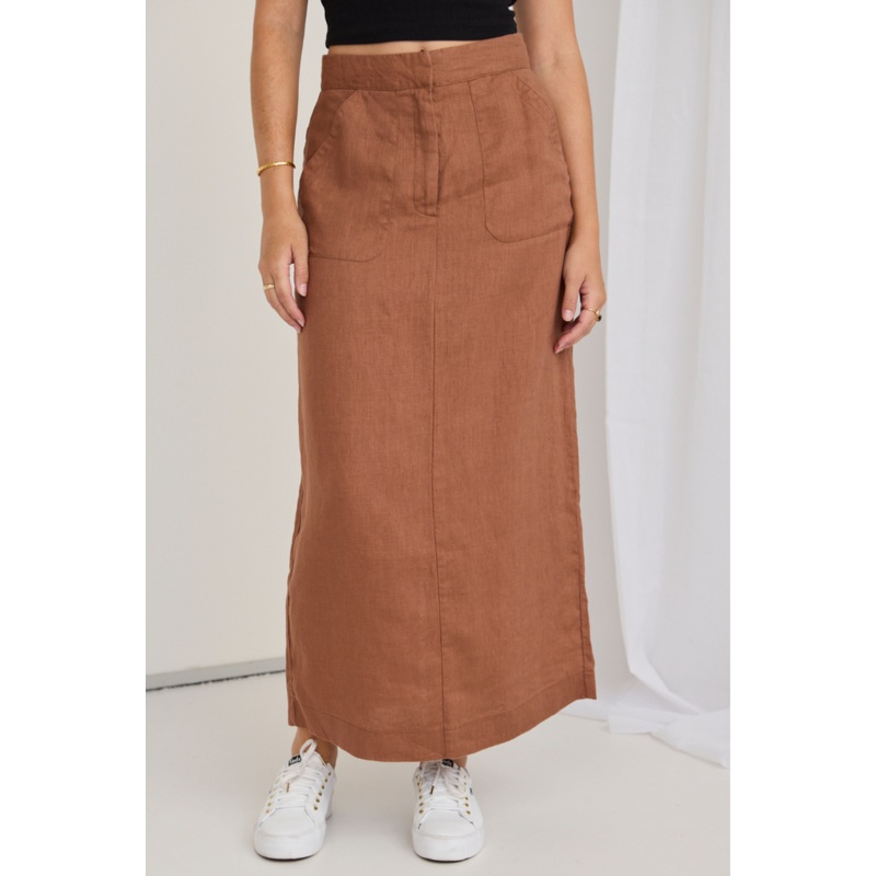 Tempt Mocha Linen Utilitarian Midi Skirt
