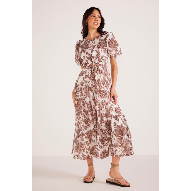 Vivian Brown Floral Puff Sleeve Midi Dress