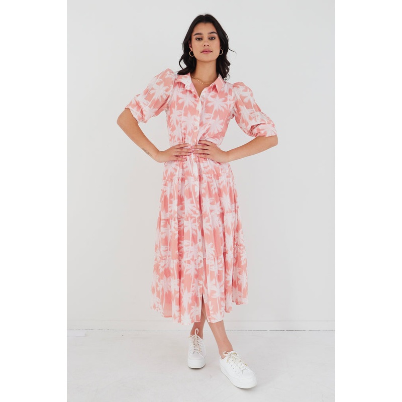 Adair Blush Palms Tiered Shirt Style Maxi Dress