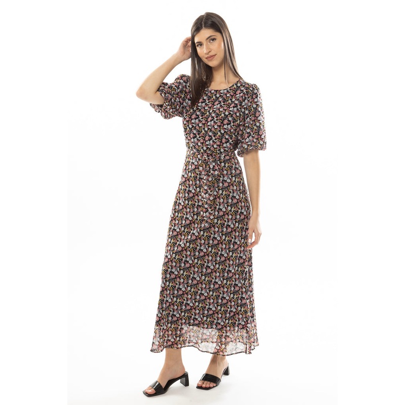 Whimsical Pink Blue Floral  SS Bias Cut Midi Dress