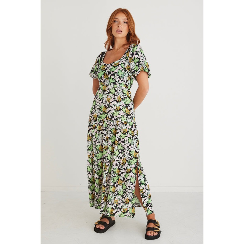 Whimsy Black Tropical Puff Sleeve Dress