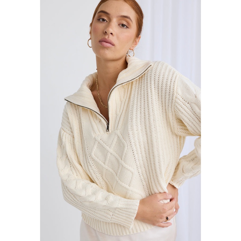Clover Ivory Zip Front Cable Knit Jumper