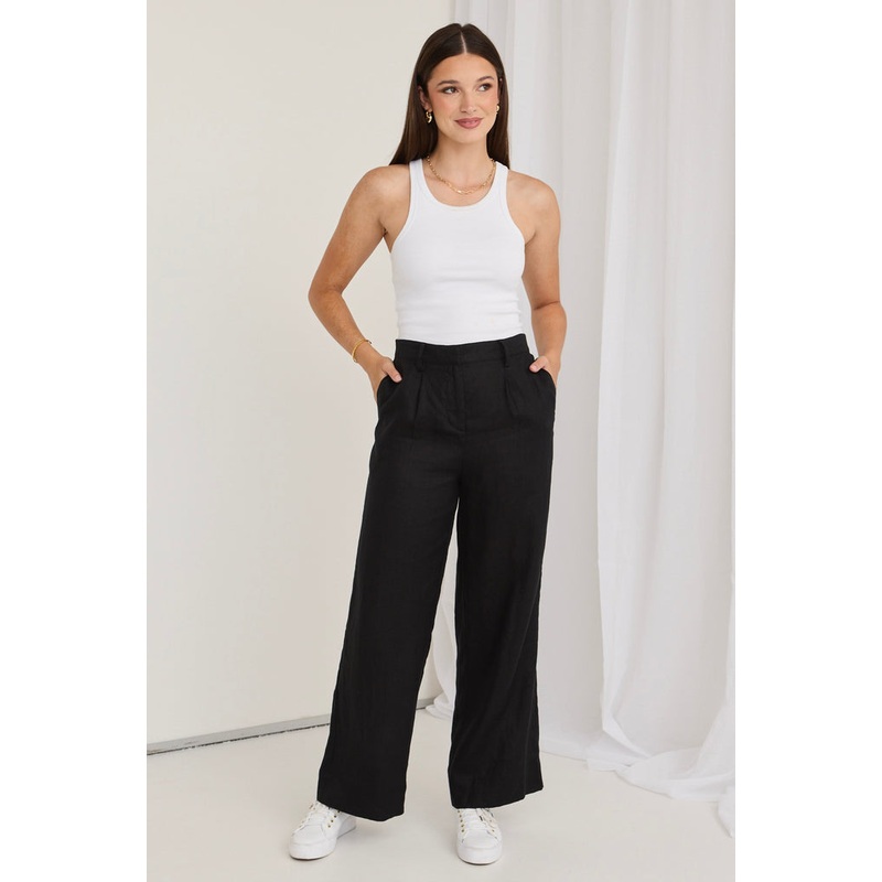 Island Black Linen Pleat Front Wide Leg Pant