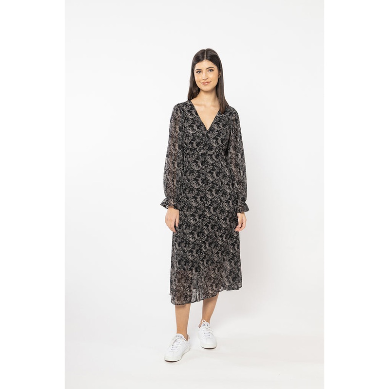 Sincere Black Stripe Floral Button Front LS Midi Dress