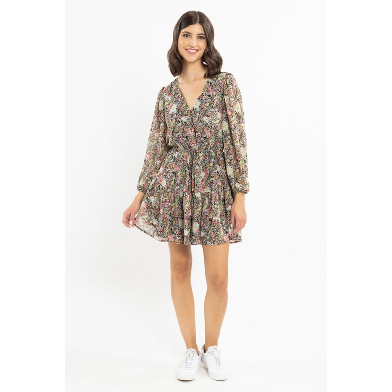 Viola Black Floral Frill Hem Mini Dress