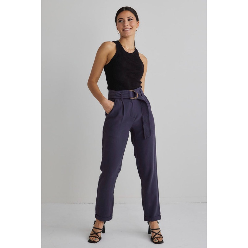 Pierre Navy Soft Viscose Tapered Leg Belted Pant