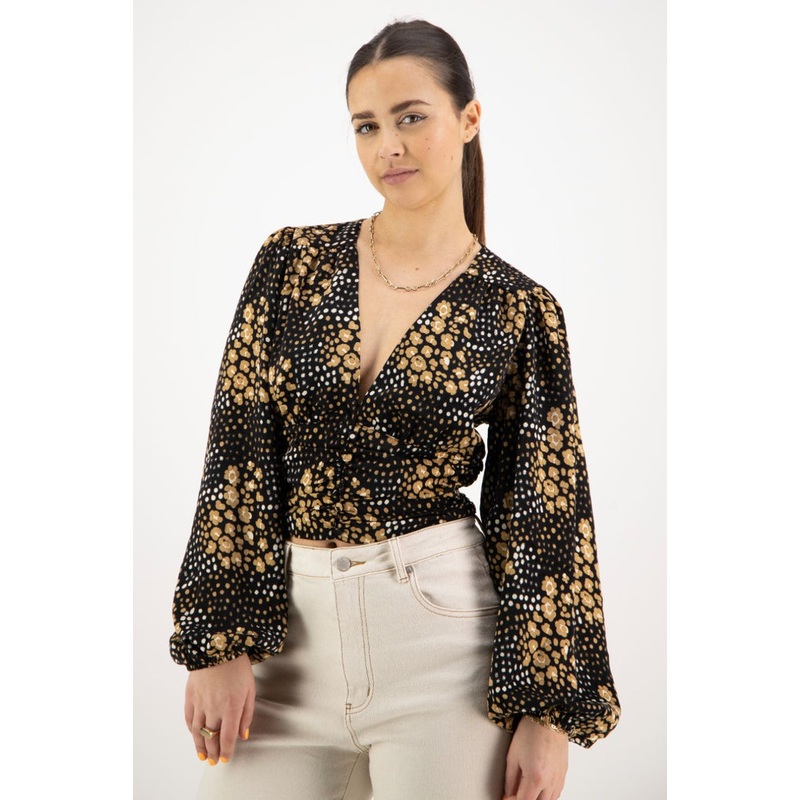 Reign Gold Spot LS Balloon Sleeve Plunge Button Front Crop Top