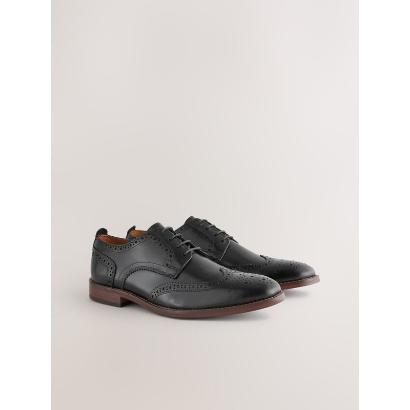 Black Standard Fit Leather Contrast Sole Brogue Shoes