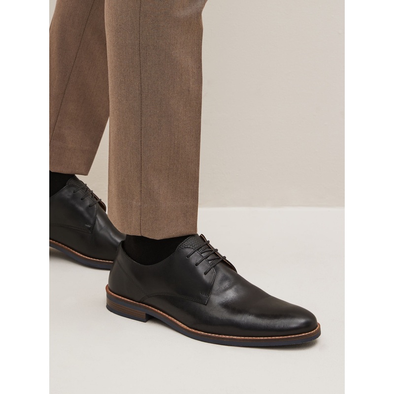 Black Standard Fit Leather Derby Shoes with Navy Contrast Sole