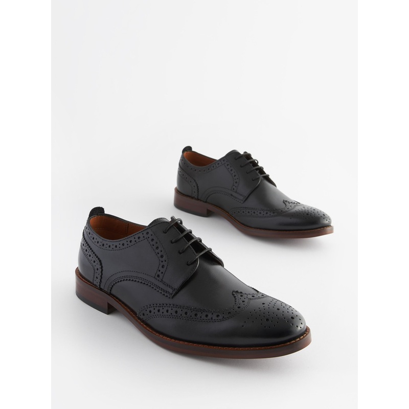Black Wide Fit Leather Contrast Sole Brogue Shoes