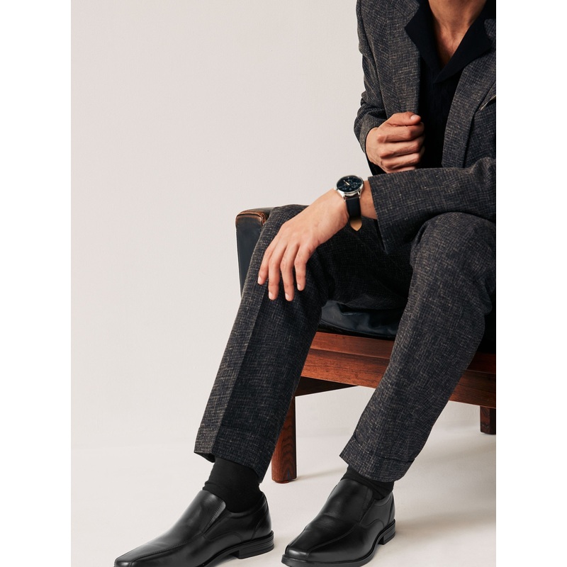Black Wide Fit Leather Panel Slip On Shoes