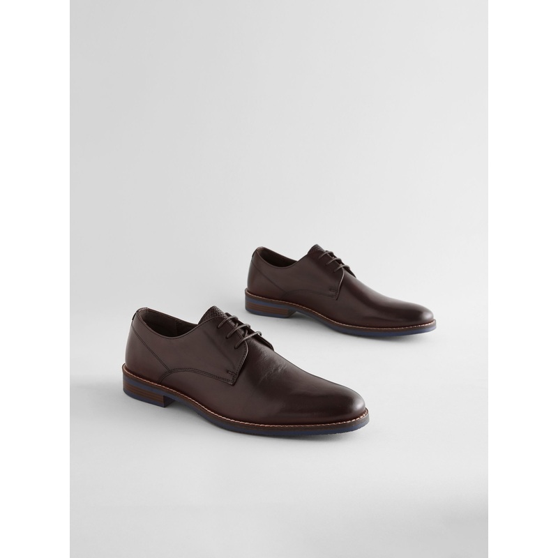 Brown Standard Fit Leather Derby Shoes with Navy Contrast Sole