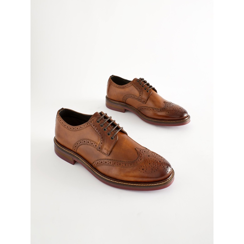 Tan Brown Standard Fit Leather Contrast Sole Chunky Brogues Shoes
