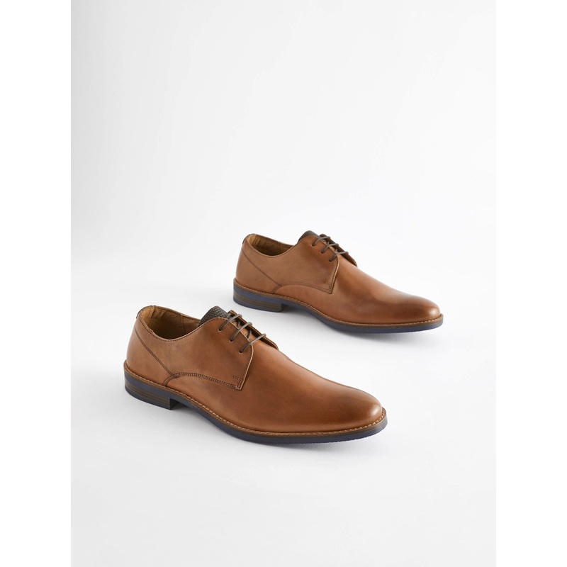 Tan Brown Standard Fit Leather Derby Shoes with Navy Contrast Sole